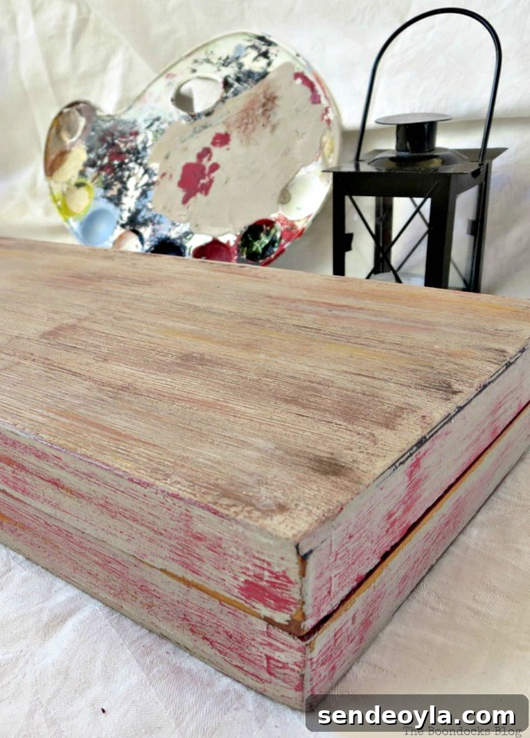 adding texture to a laminate box, Finished backgammon laminate box painted to look like old wood, Seeing Red www.theboondocksblog.com