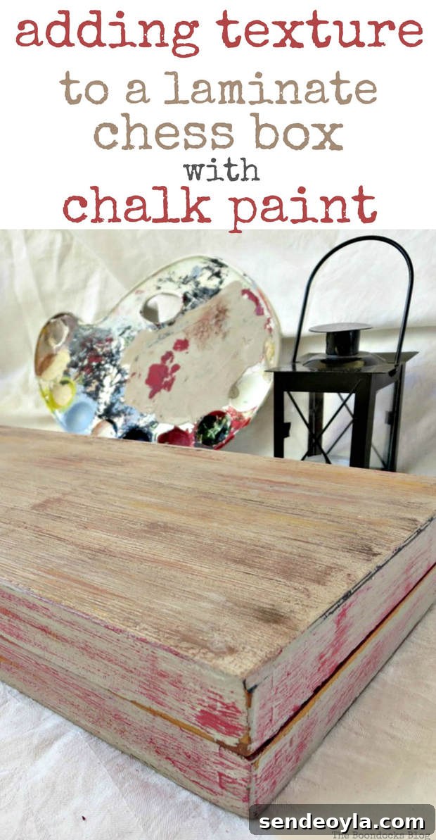 adding texture to a laminate box with chalk paint, Finished backgammon laminate box painted to look like old wood, Seeing Red www.theboondocksblog.com