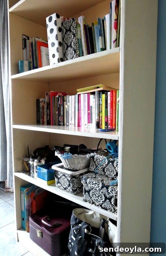 organized bookcase, A Tour of the Blue Room www.theboondocksblog.com