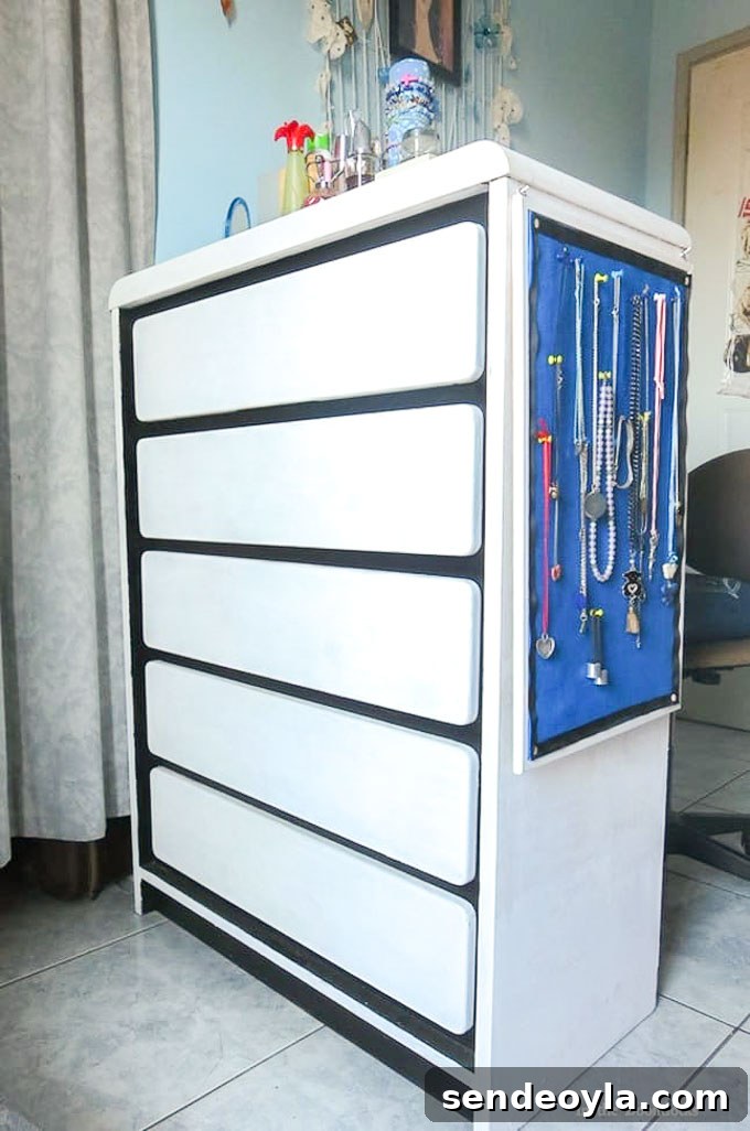 After painted dresser with jewelry organizer, A Tour of the Blue Room www.theboondocksblog.com