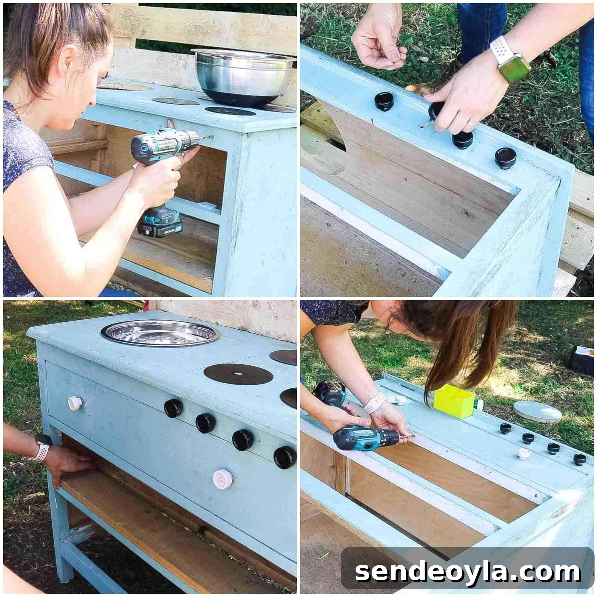 Woman making pretend hob dials for a toy cooker from spray painted drawer knobs on an old chest of drawers