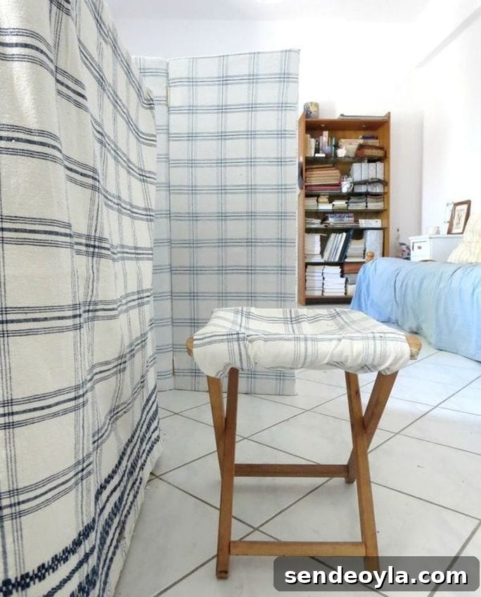 Hide Your Washing Machine: Space-Saving Concealment Ideas 9 Stool covered in same fabric