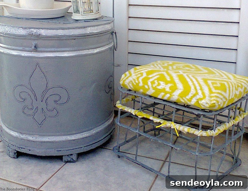 Stool next to barrel, A Milk Crate turned Stool, www.theboondocksblog.com
