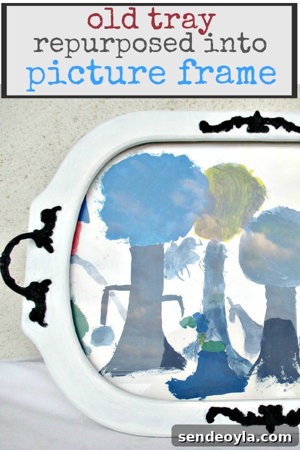 How to Upcycle a Vintage Serving Tray into a Stylish Home Accent 13 Final project close-up with text overlay: old tray repurposed into picture frame