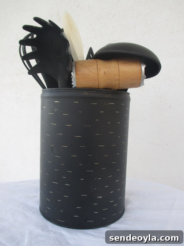 Imperfect Kitchen Utensil Holder with Rustic Charm 7 Utensils arranged in the upcycled tin
