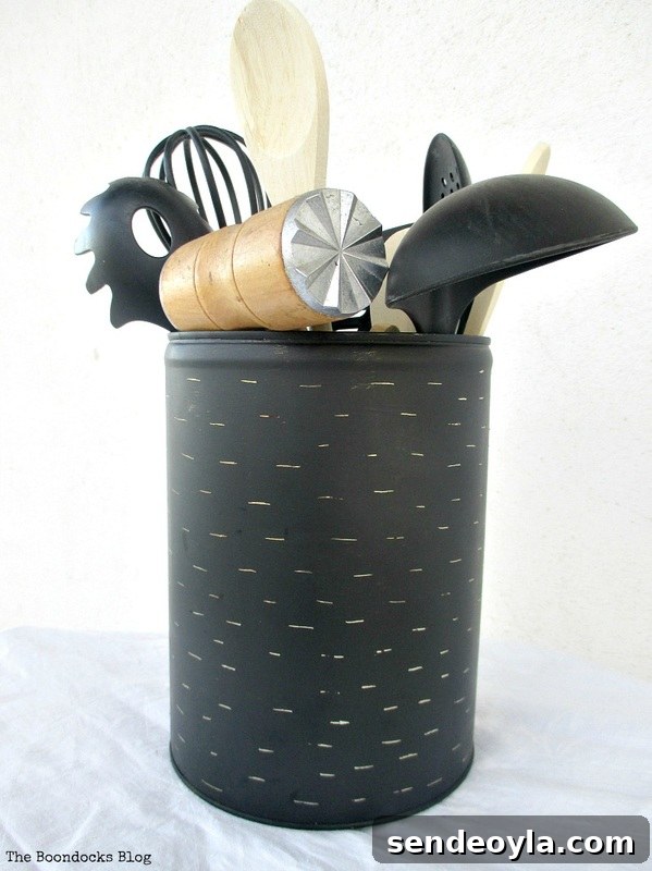 Imperfect Kitchen Utensil Holder with Rustic Charm 9 Finished utensil holder on the counter