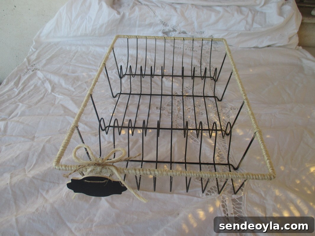 Wire dish rack wrapped with twine - Wrapping up the wire dish rack - The Boondocks blog
