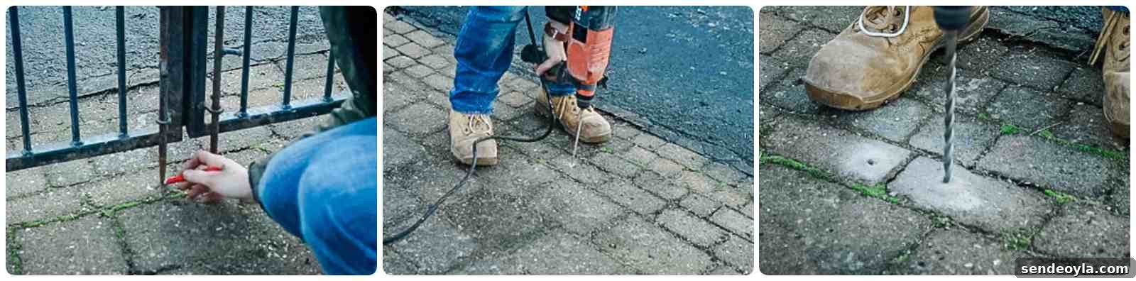 Marking and drilling gate drop bolts into the block paving