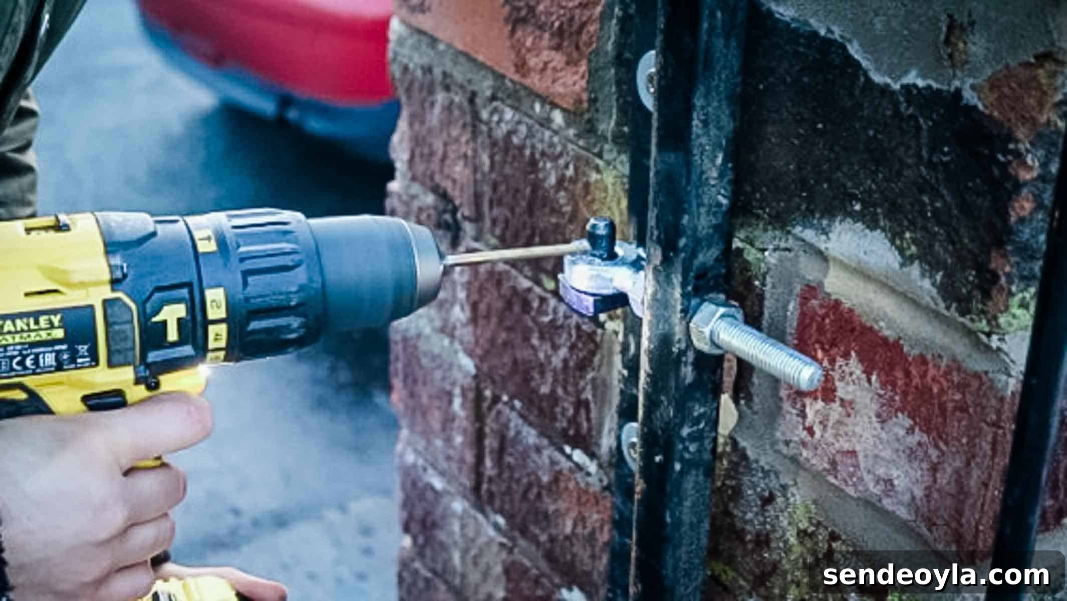 drilling hinge pin holes for a security nut and bolt to prevent a gate from getting stolen