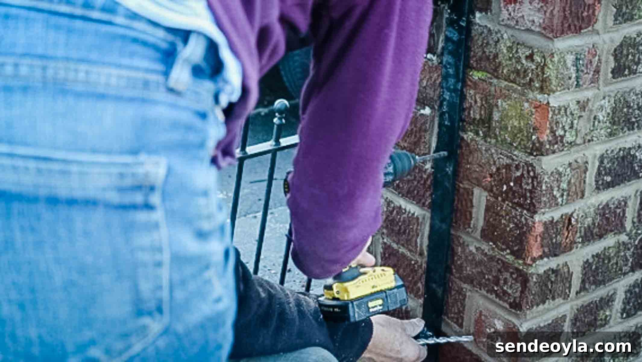 Marking the centre screw hole of gate mounting plate on brick pillar