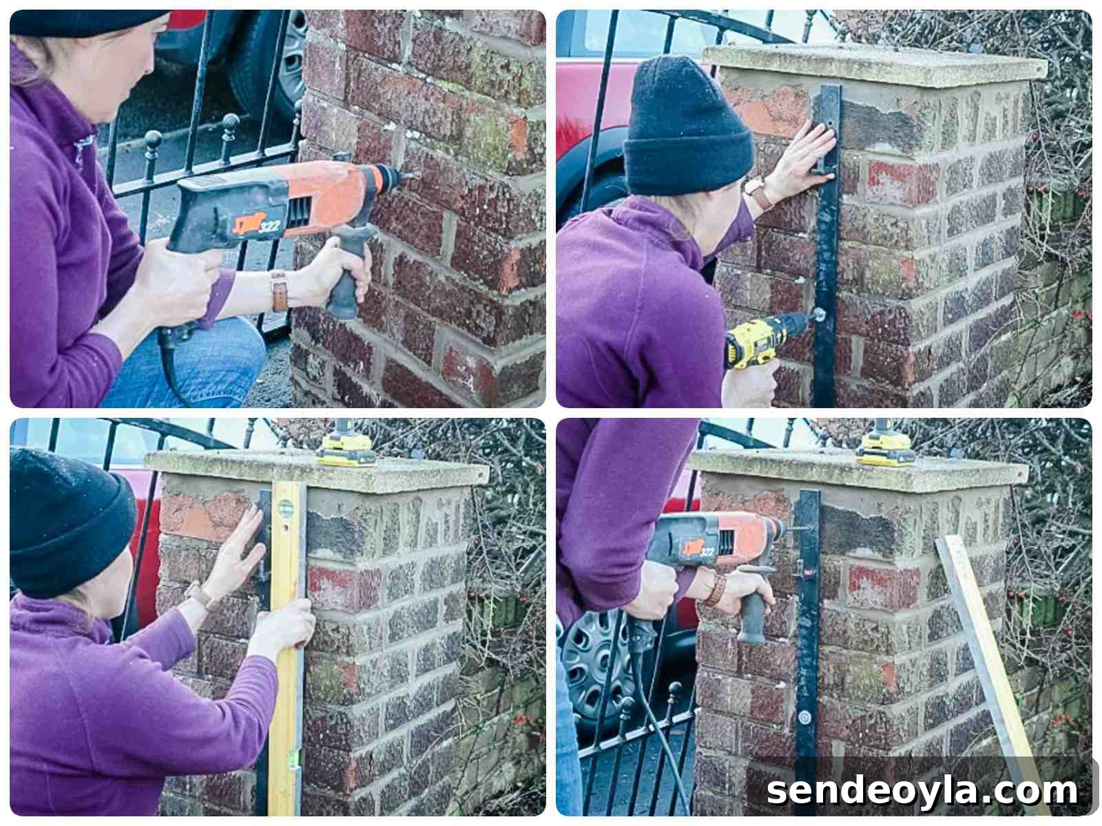 Drilling and screwing gate hangers level into masonry with concrete screws