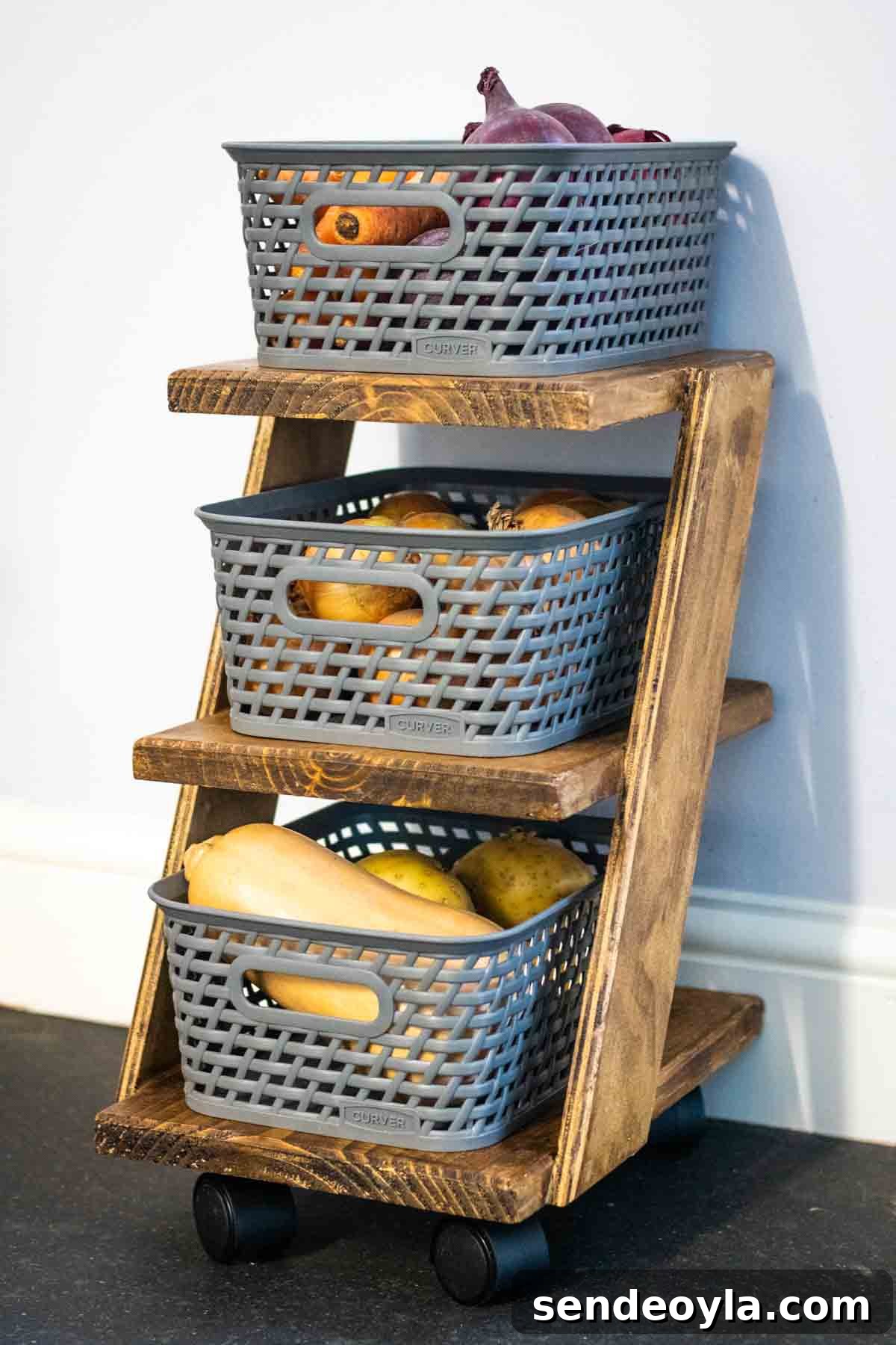 DIY dark wax wooden Z shelf stand with 4L curver storage containers as an organized vegetable rack