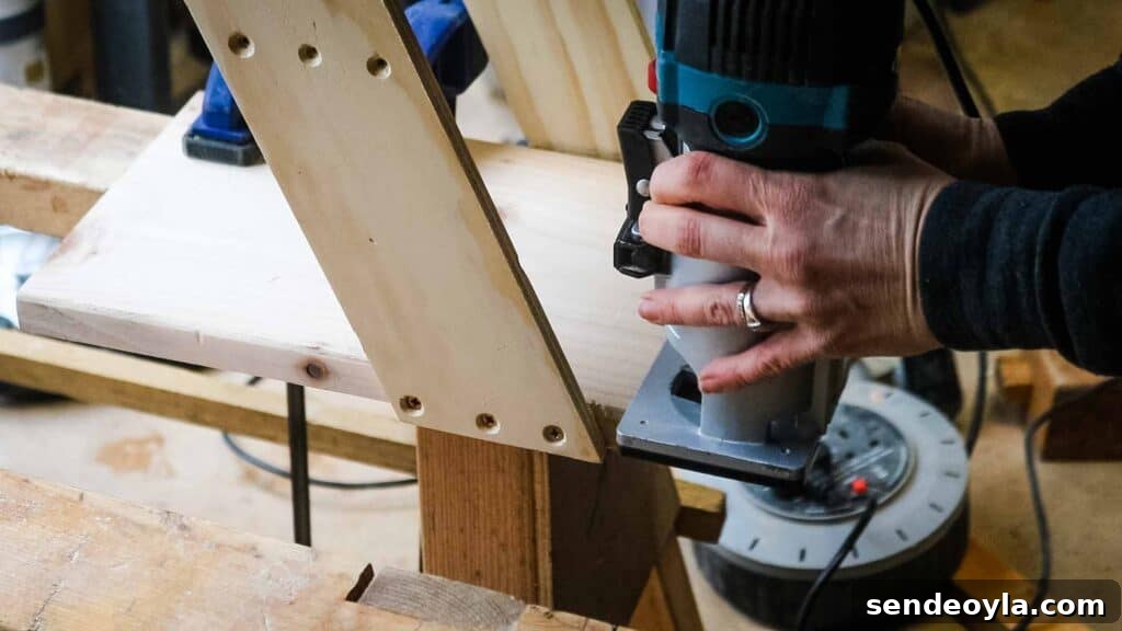 Woman using a router with a 45 degree chamfer router bit to add a profiled edge on wood