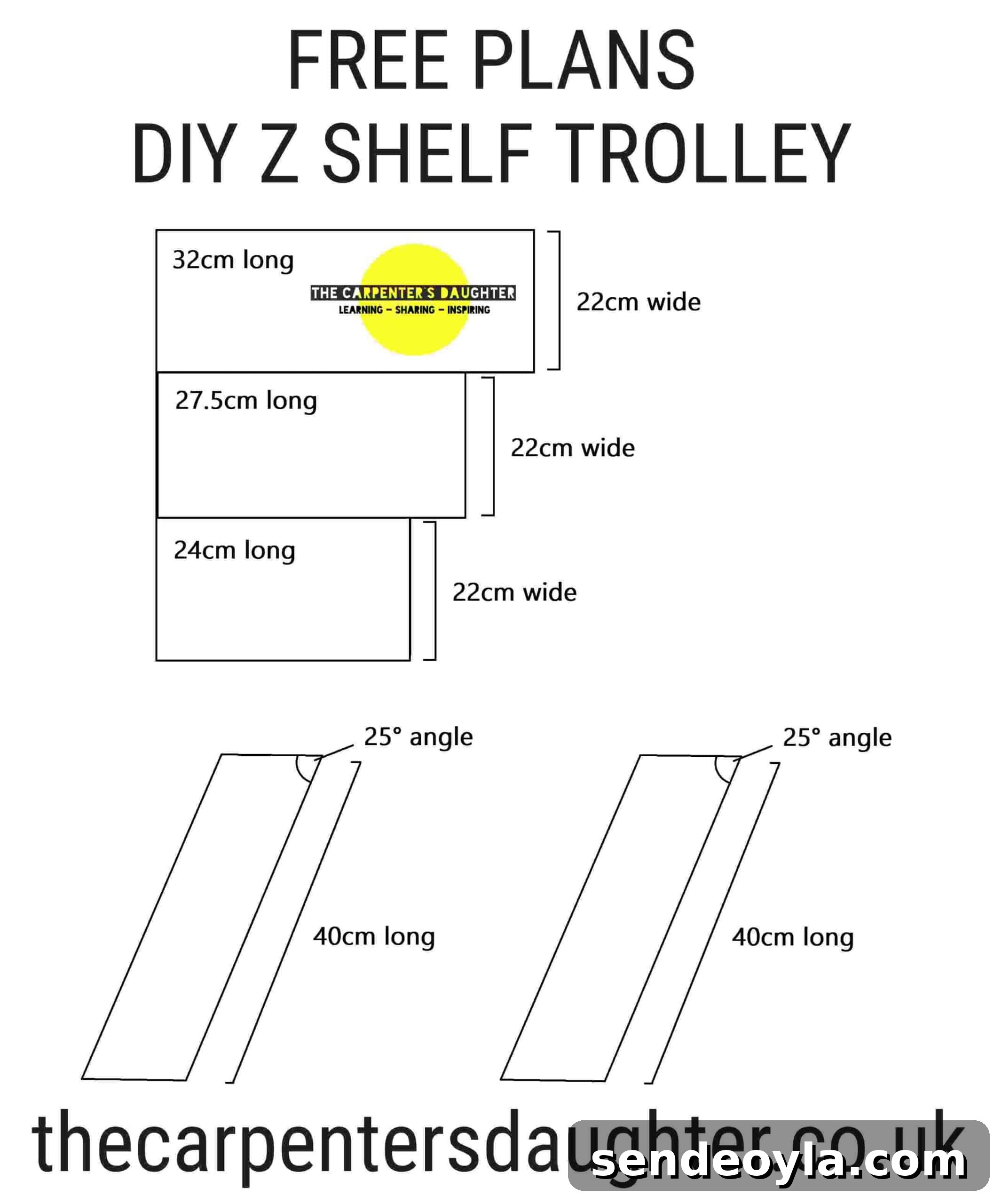 Free plans for a DIY Z shelf to hold plastic storage baskets on a freestanding trolley cart shelf with wheels
