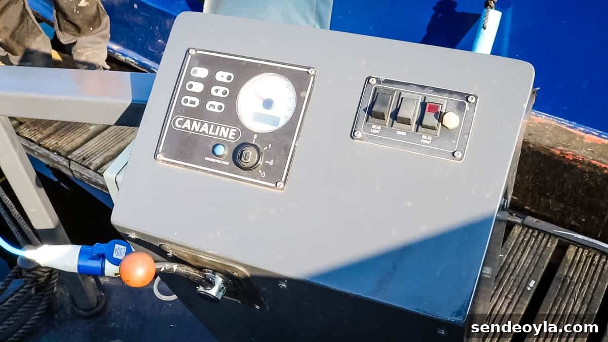 Inside a 57ft Reverse-Layout Narrowboat: Interior Tour 24 Canalline control panel with gear stick on narrowboat