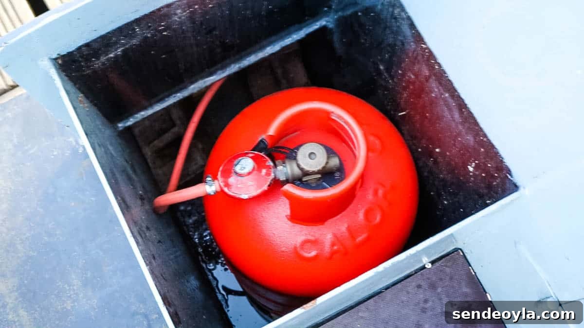 Inside a 57ft Reverse-Layout Narrowboat: Interior Tour 25 Gas bottle on narrowboat
