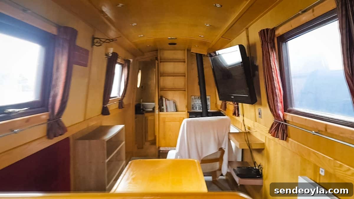 Inside a 57ft Reverse-Layout Narrowboat: Interior Tour 8 Saloon on a boat on the British canal