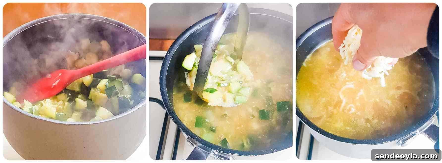 Chunky Keto Zucchini and Cheese Soup 4 Step by step images of making easy courgette keto soup with cheese