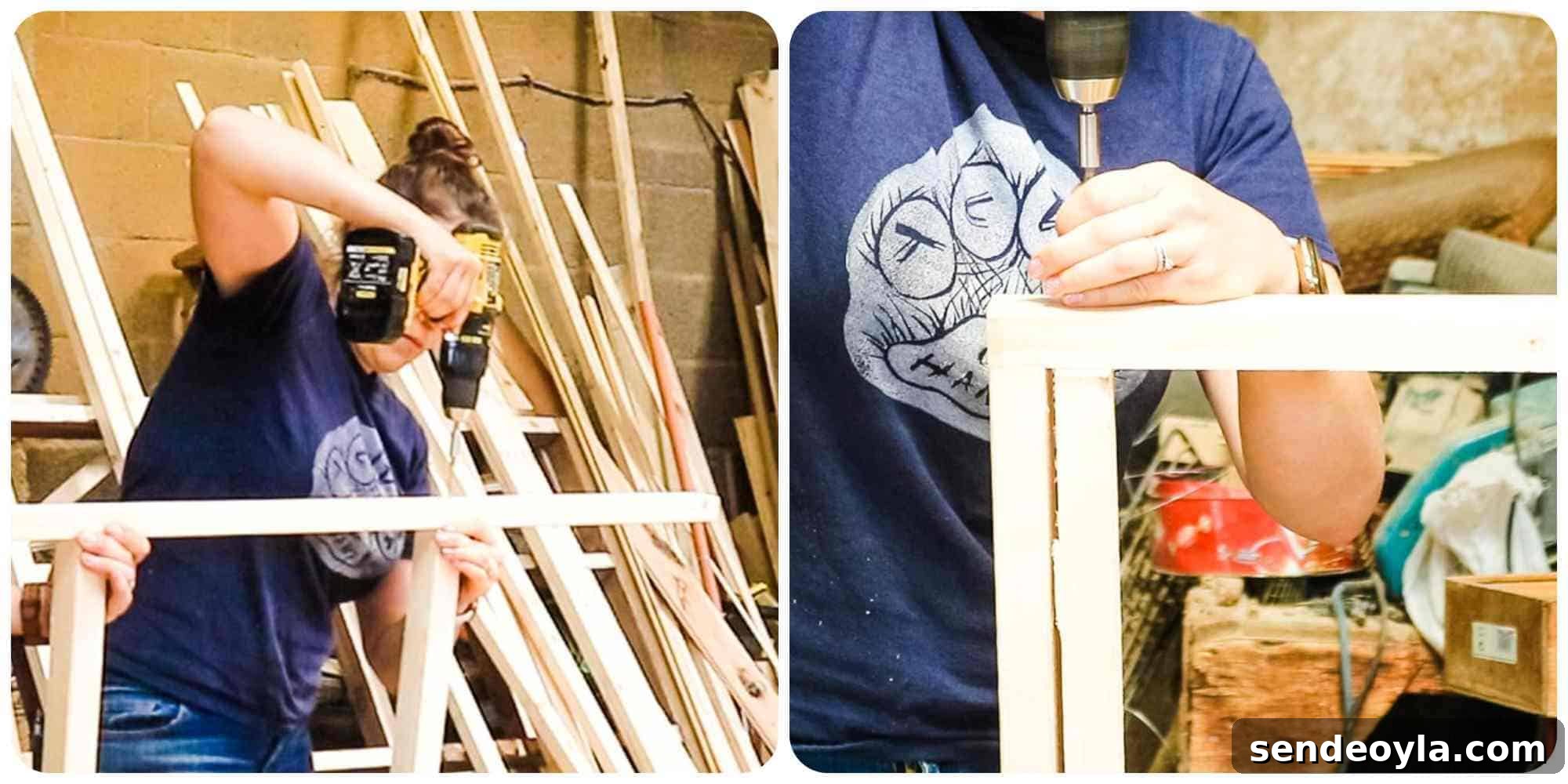 How to Build a Lean-To Shed with Free Plans 12 Carpenter, Vikkie Lee screwing a shed roof