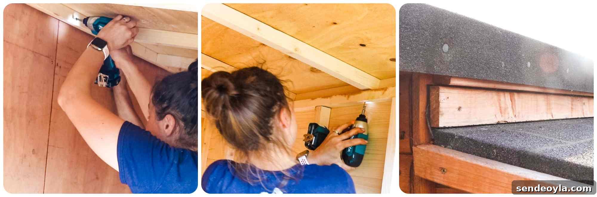 How to Build a Lean-To Shed with Free Plans 17 Screwing lean to roof to existing shed and add extra felt and trim