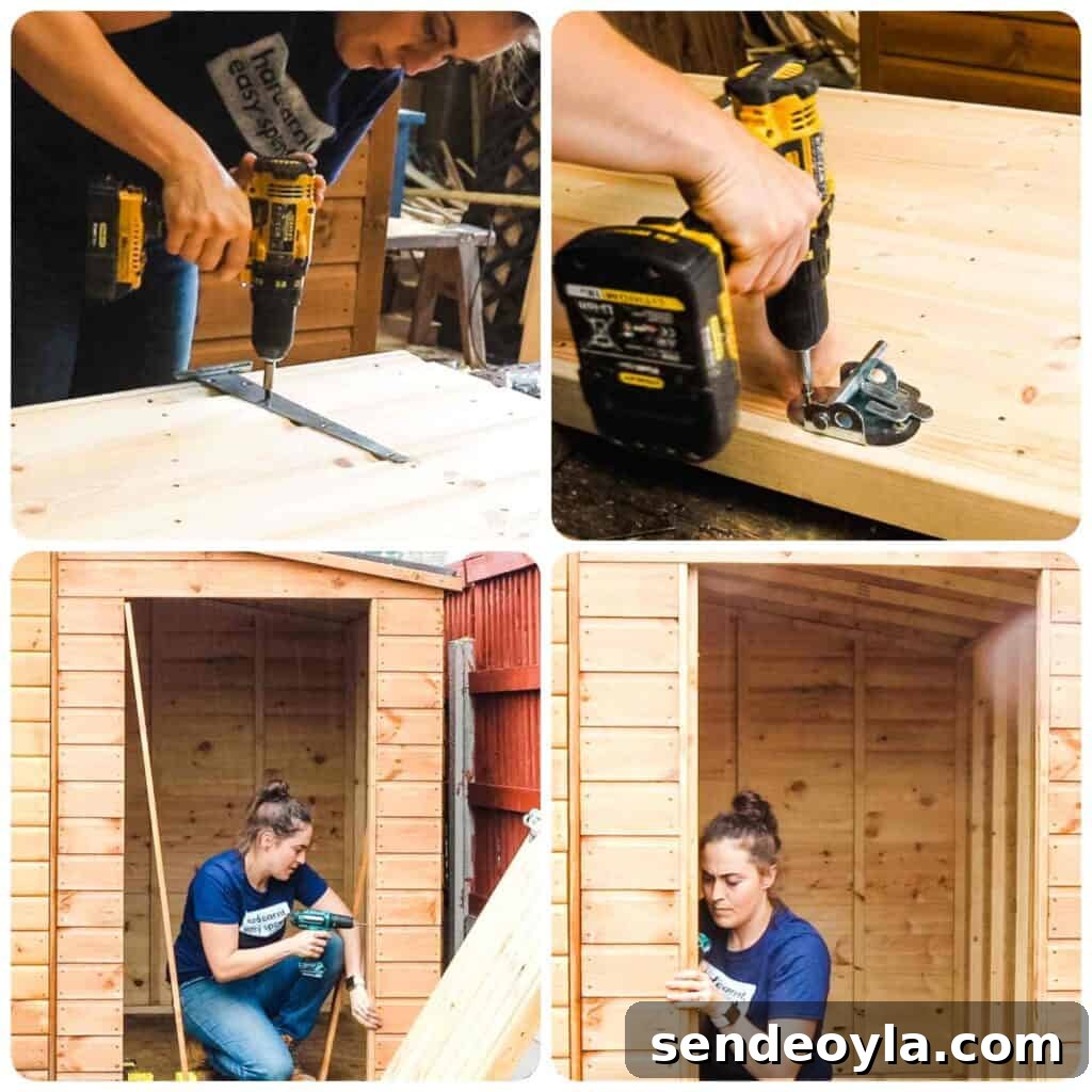 How to Build a Lean-To Shed with Free Plans 19 Screwing Hiatt hinges on shed door and padbolt along with trim and stop lat