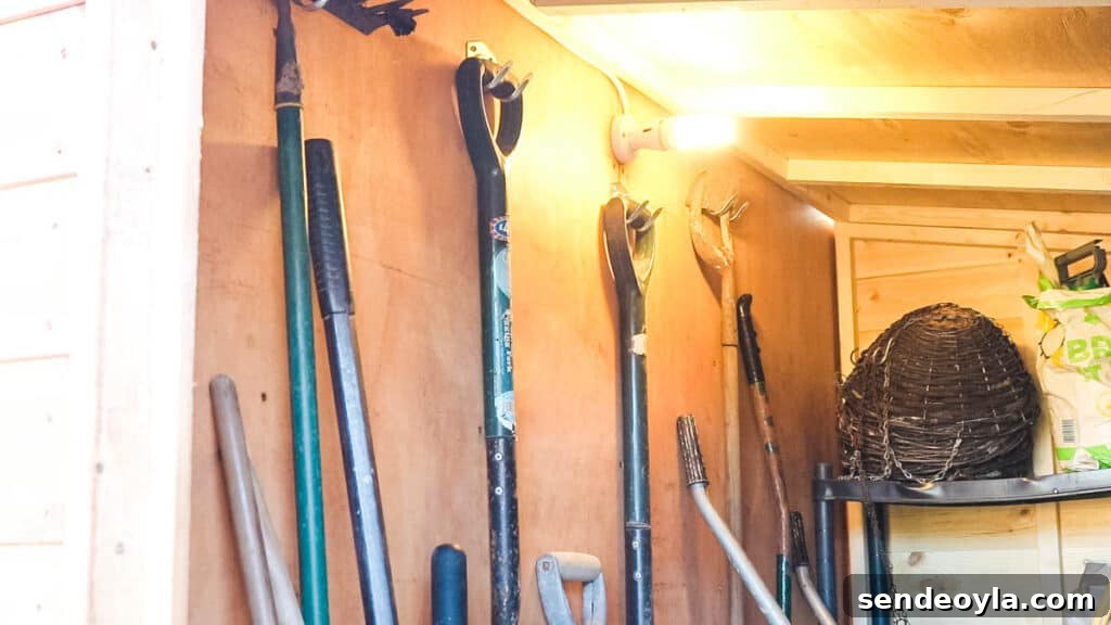 How to Build a Lean-To Shed with Free Plans 21 Gardening tools hanging in garden shed