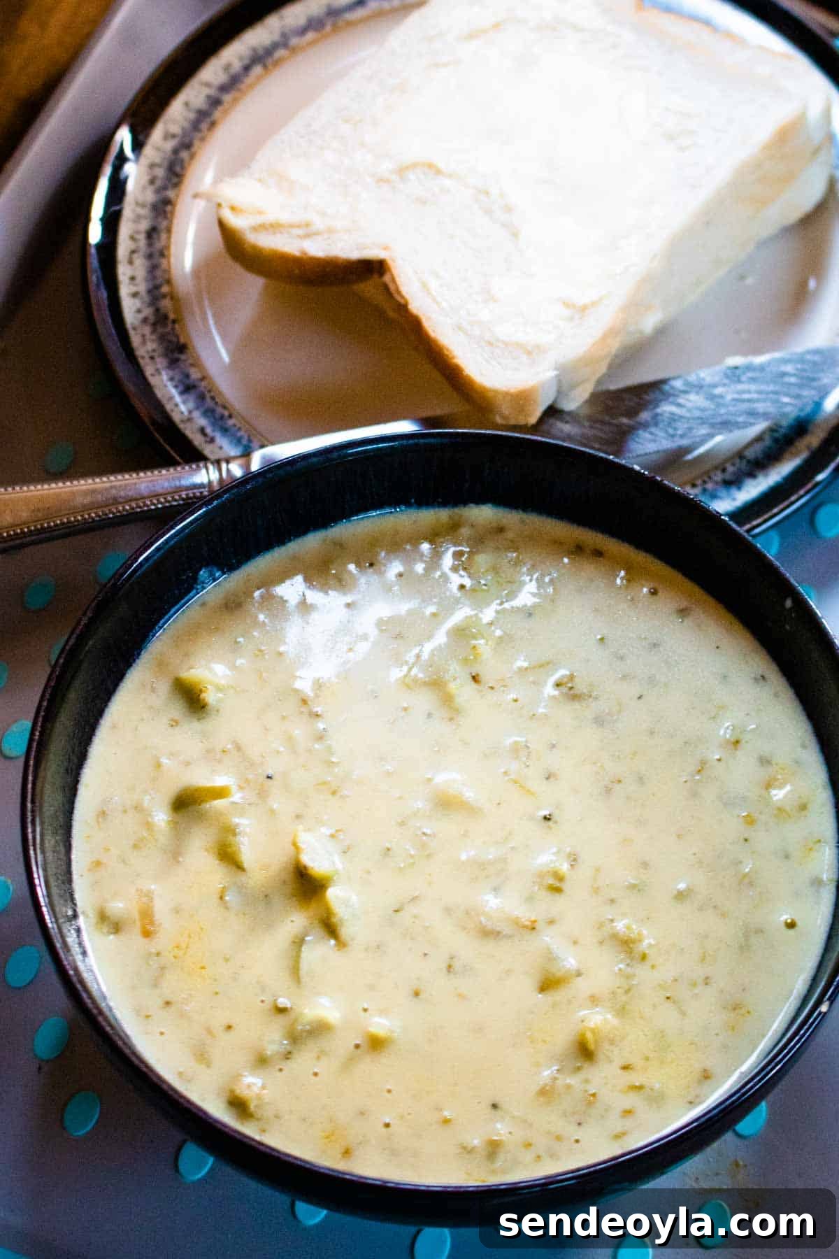 Chunky Keto Broccoli and Cheese Soup Recipe 5 Soup in a bowl with white bread and butter
