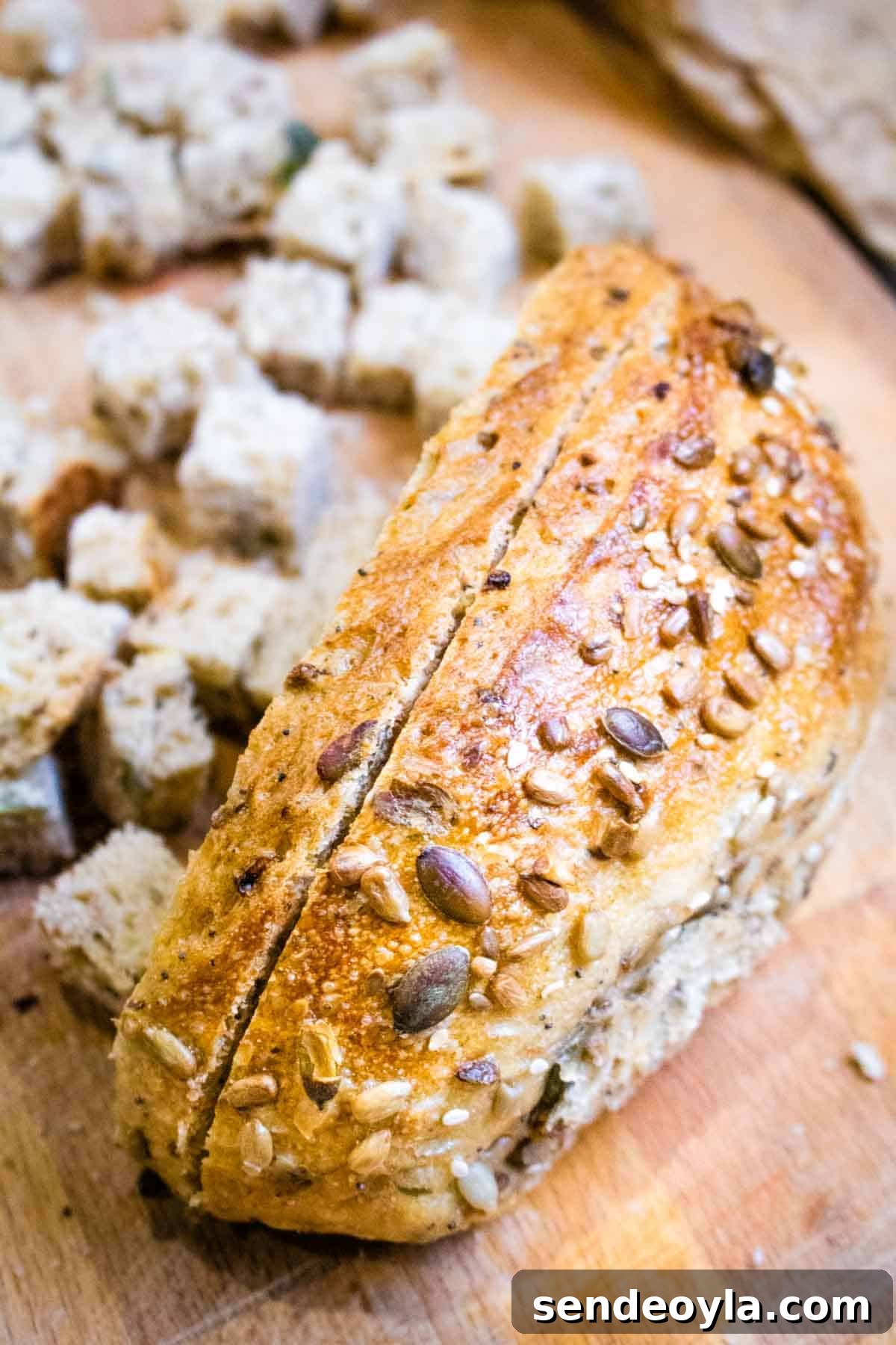 Hearty Cheesy Bacon and Chorizo Bread Soup Recipe 3 Sliced 7 seeded sourdough, partially diced into cubes on a wooden chopping board