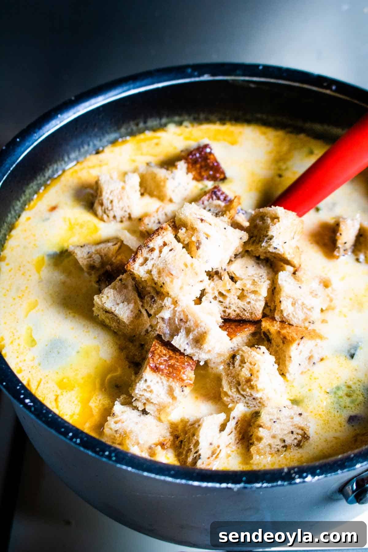 Hearty Cheesy Bacon and Chorizo Bread Soup Recipe 6 Pan of Italian style bread soup
