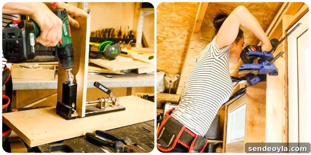 DIY Silicone Caulk Tube Organizer and Sealant Rack 7 Woman using a Trend pocket hole jig to clamp and screw a top shelf to a sealant storage unit on the wall