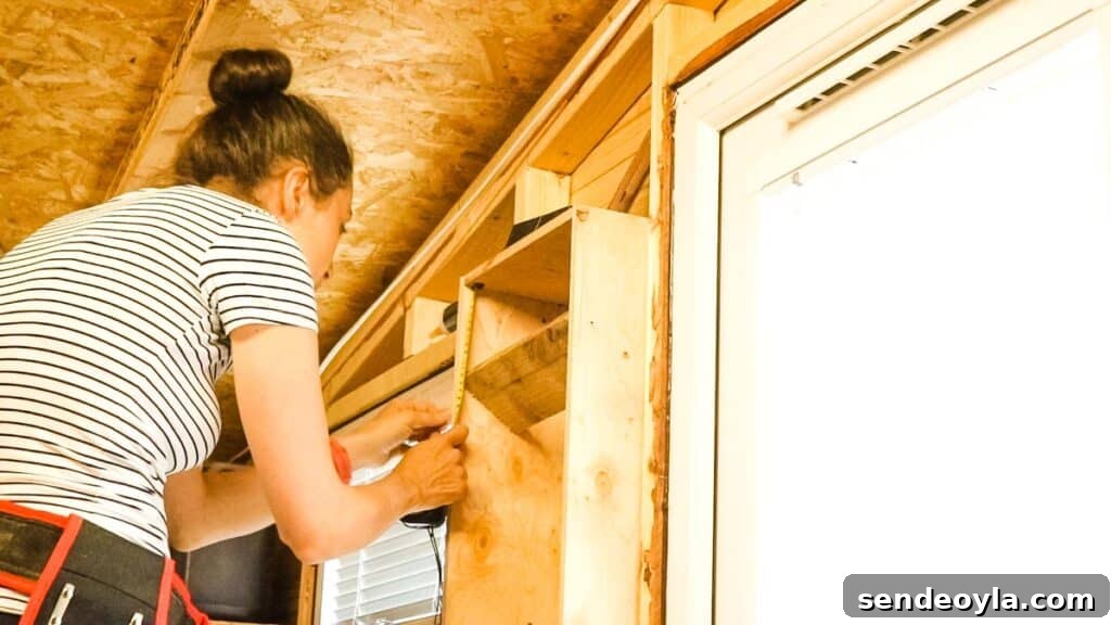 DIY Silicone Caulk Tube Organizer and Sealant Rack 9 Woman measuring angled shelves for caulk storage