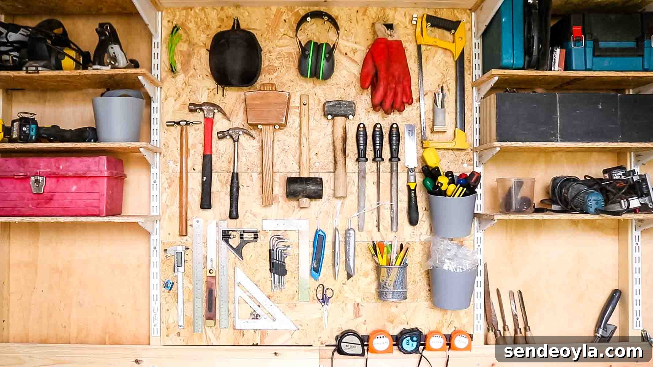 Quick DIY Wall-Mounted Tool Organizer for Garage 2 Easy tool wall for beginners, full of most used things screwed to an OSB cladded shed