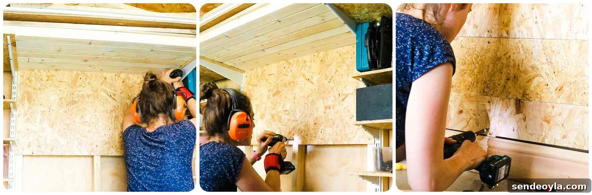 Quick DIY Wall-Mounted Tool Organizer for Garage 4 Woman screwing OSB sheet material directly to shed/workshop spars