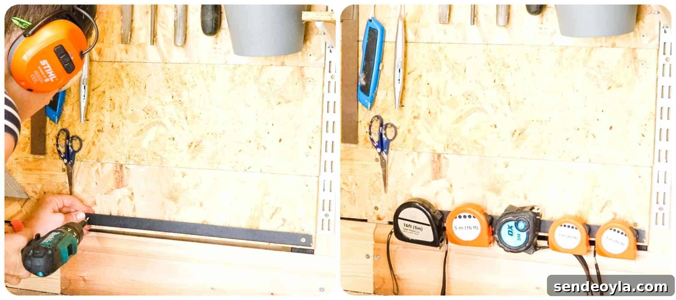 Quick DIY Wall-Mounted Tool Organizer for Garage 8 Screwing a metal bar with washer to create a wall tool organizer for hanging tape measures