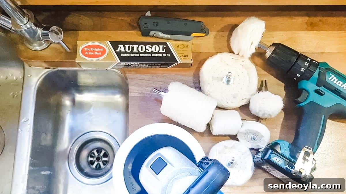 How to Remove Scratches from Stainless Steel Sinks 3 A collection of metal polishing tools on a kitchen worktop