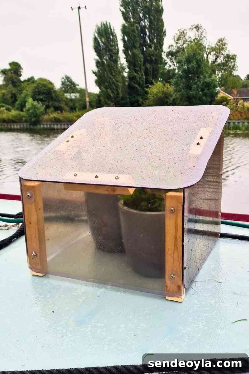 angled clear plastic colf frame being used in cold weather on top for a narrowboat roof garden