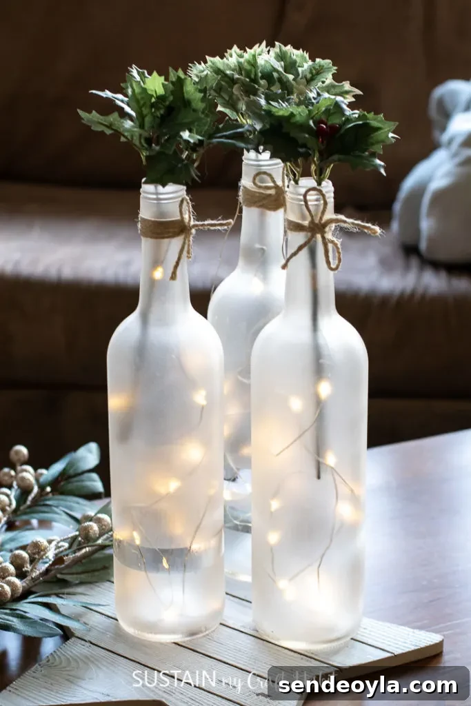 DIY Wine Bottle Holiday Centerpieces 2 Upcycled frosted wine bottle centerpiece