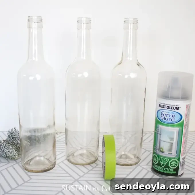 DIY Wine Bottle Holiday Centerpieces 3 Preparing bottles for paint