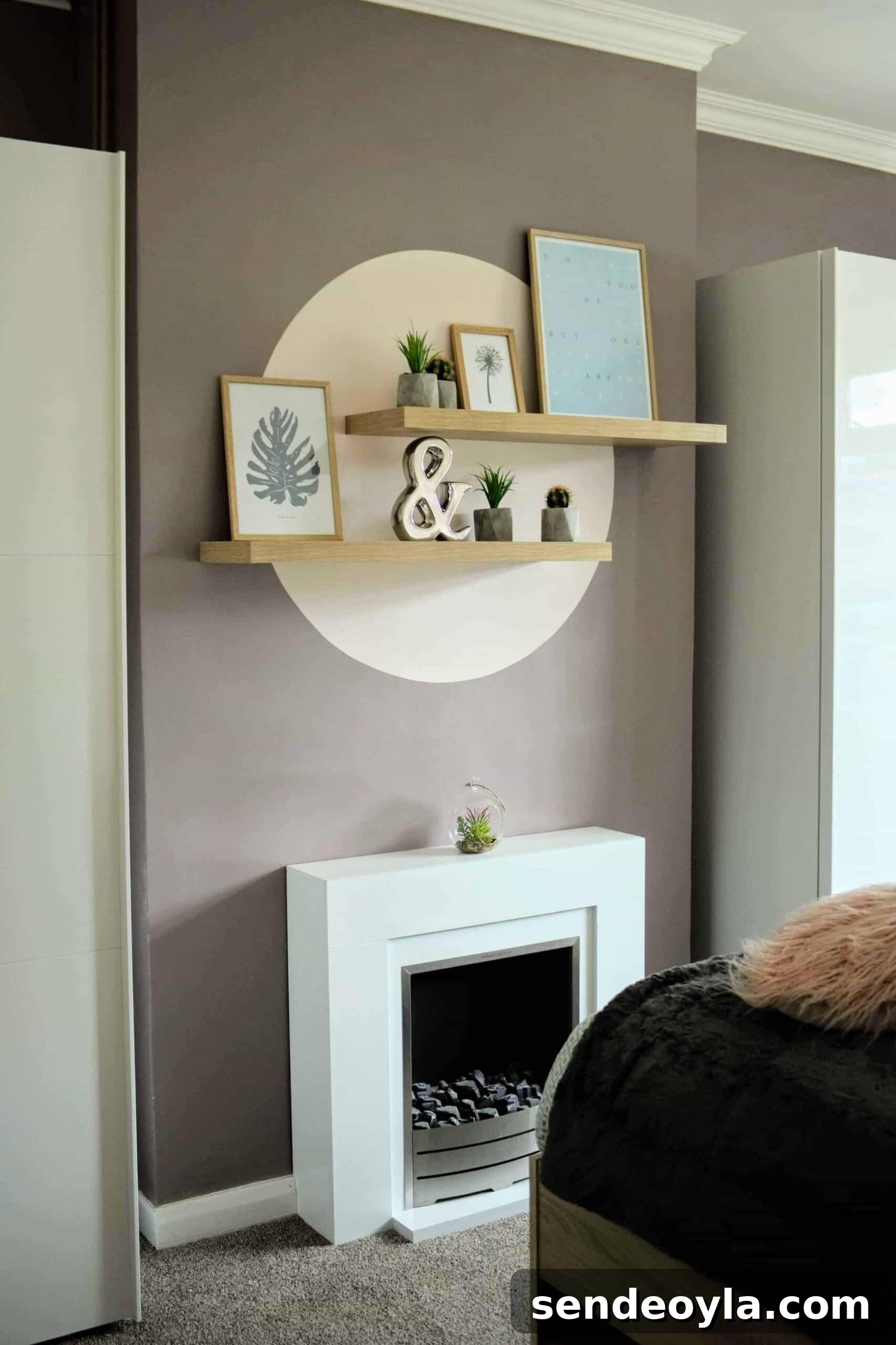 How to Decorate a Room: Practical Tips for Beginners 16 wall circle feature on chimney breast in a bedroom with floating shelves and vignettes