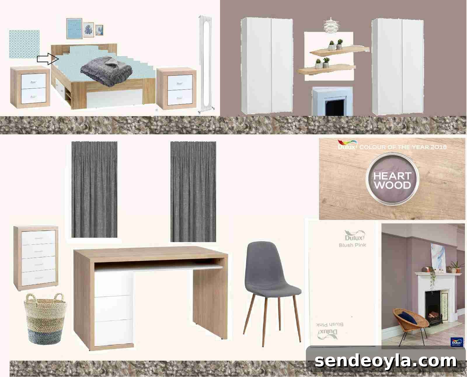 How to Decorate a Room: Practical Tips for Beginners 3 how to decorate using a bedroom digital mood board with white and wood scandinavian furniture, dulux heart wood and blush pink