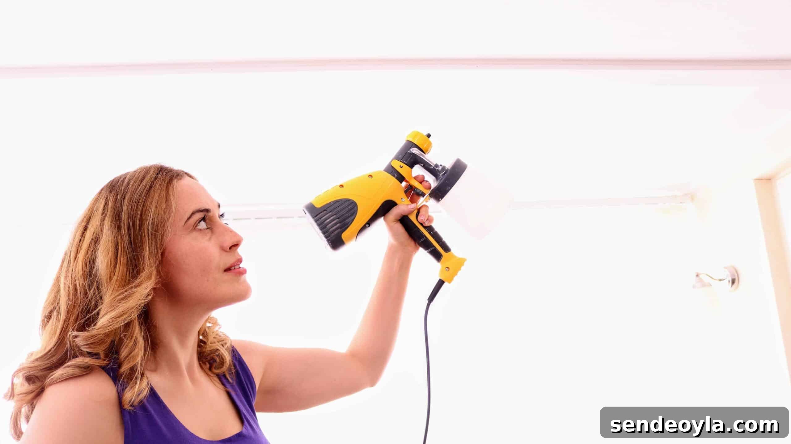 How to Decorate a Room: Practical Tips for Beginners 10 Woman spray painting a ceiling with Wagner W100 Paint Spray System