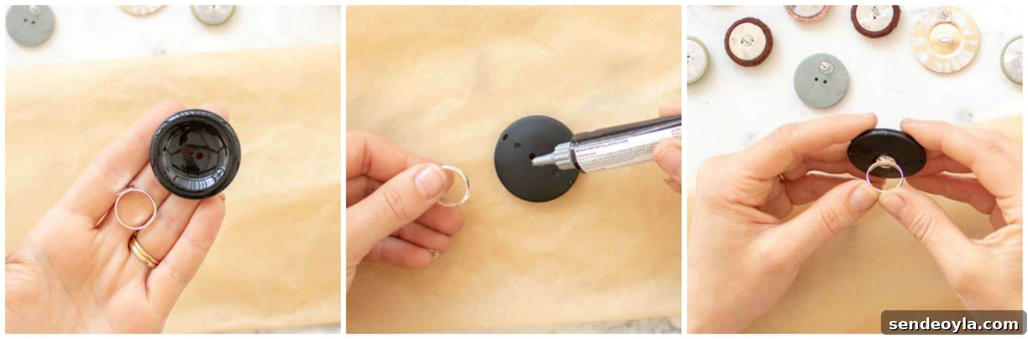 DIY Fabric Button Earrings: Step-by-Step Tutorial 11 gluing ring tray to large black button with Power Repair Bostik glue
