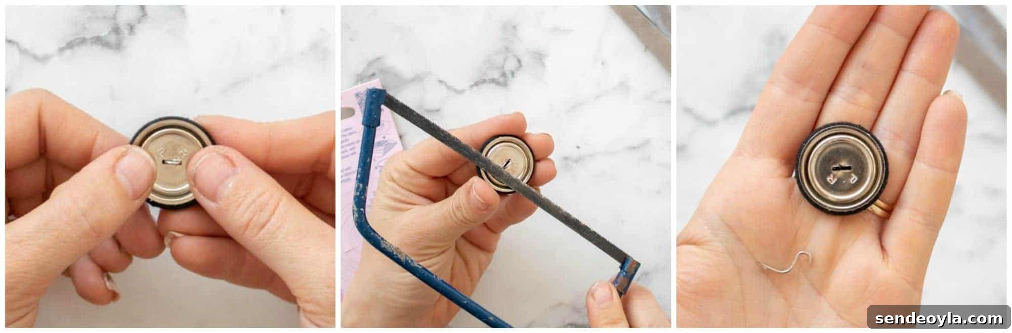 DIY Fabric Button Earrings: Step-by-Step Tutorial 13 fixing back of fabric cover button and sawing loop off with junior hacksaw
