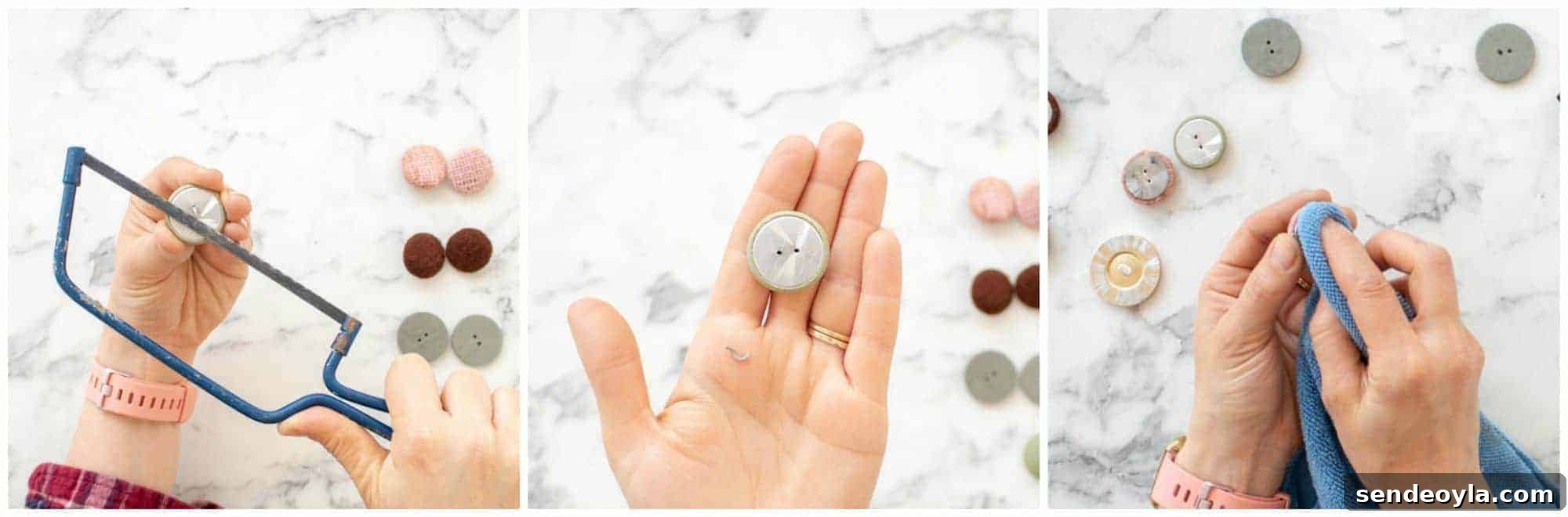 DIY Fabric Button Earrings: Step-by-Step Tutorial 8 Sawing off back of fabric button before cleaning