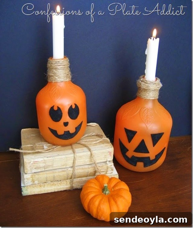 DIY Halloween Decorations from 20 Household Items 12 Juice bottles as Jack O Lanterns from Confessions of a Plate Addict. 15 Household Items Re-purposed for Halloween Decor www.theboondocksblog.com