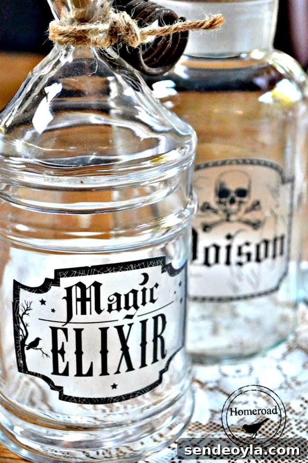 DIY Halloween Decorations from 20 Household Items 9 Bottles as elixir bottles from Homeroad, 15 Household Items Re-purposed for Halloween Decor www.theboondocksblog.com