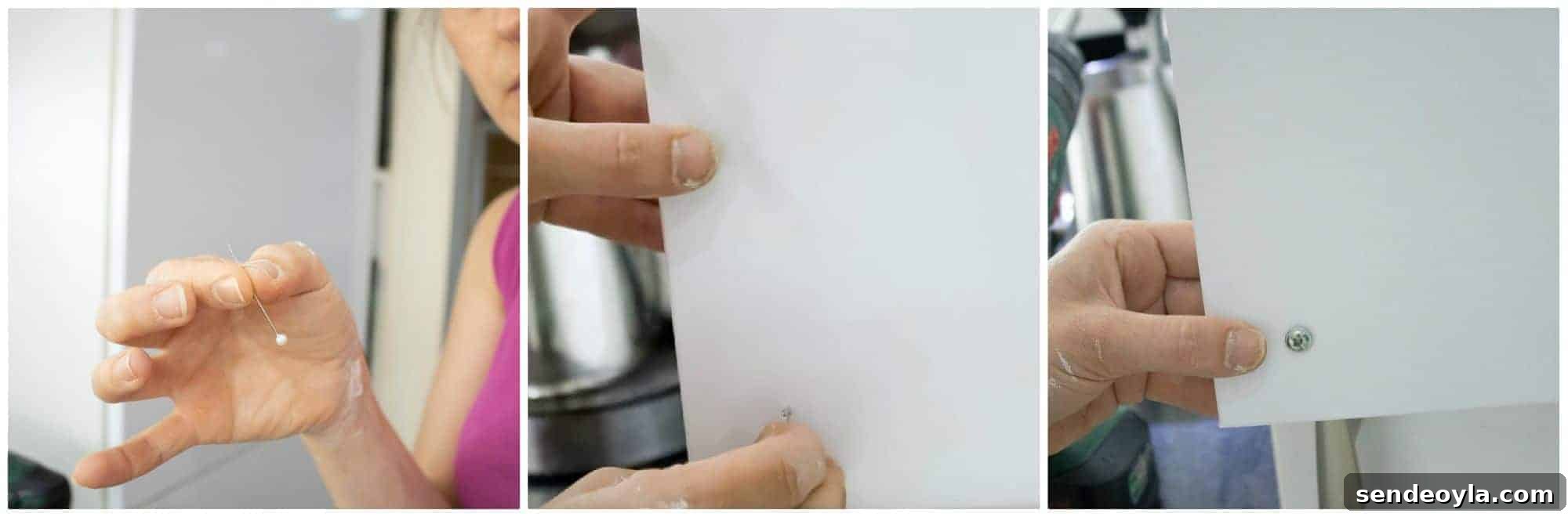 DIY Guide: Wrap a Kitchen Door with Fablon Vinyl 14 pricking screw holes through fablon with pins