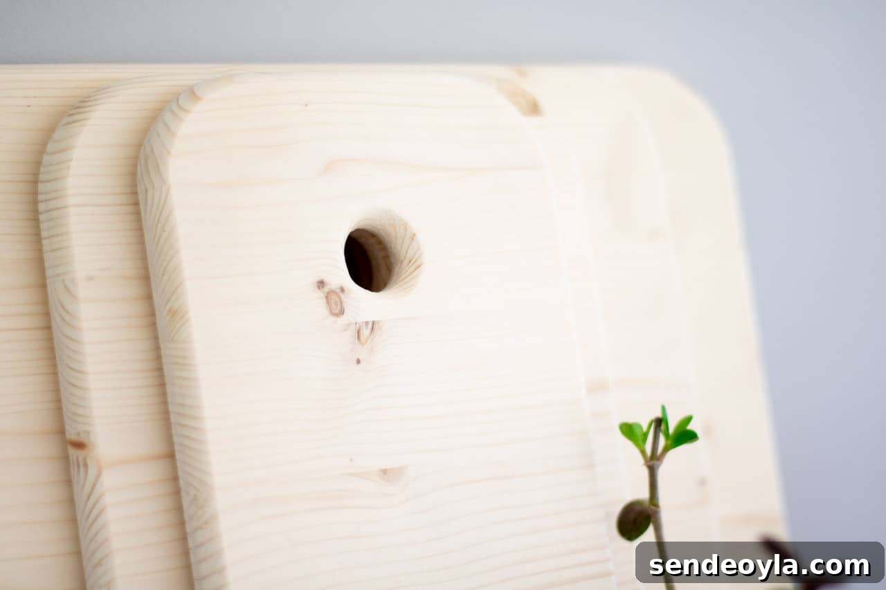 DIY Chopping Board Set with Built-In Spaghetti Measure 4 Close up of pine chopping board set spaghetti measure before treating with worktop oil