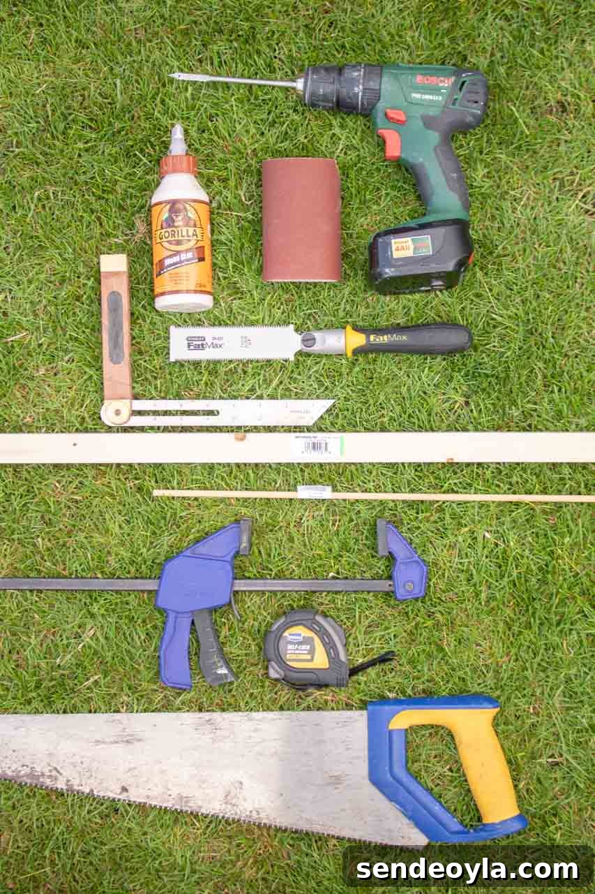List of tools and materials to make a kitchen countertop DIY tea towel ladder.