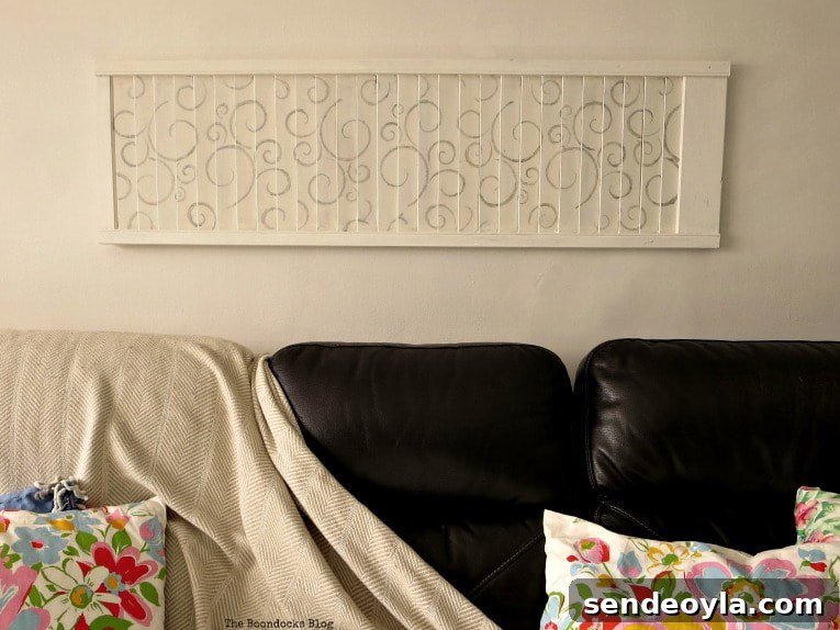 Shutter Stencil Art: How to Avoid Common Mistakes 10 Stenciled shutter art above sofa